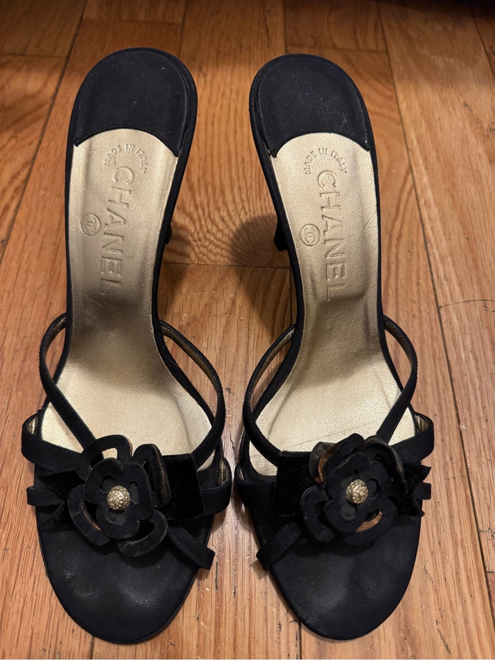 CHANEL Black Suede Camellia Slide Sandals with Gold Detail